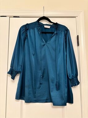 First Love Teal Satin Smocked Tunic Blouse